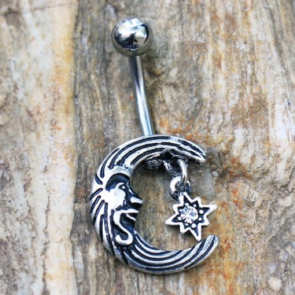 Vintage Moon and Star Belly Button Ring - Picture 1 of 2